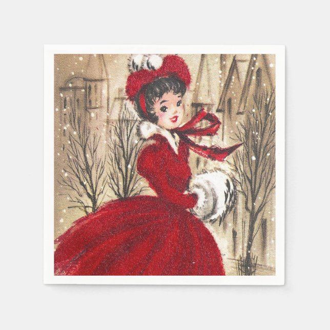 Retro Vintage Christmas lady Holiday party napkins (Front)