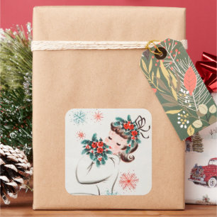Retro vintage Christmas lady Holiday Square Sticker