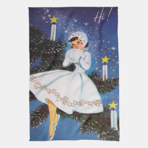 retro vintage Christmas lady Holiday Tea Towel