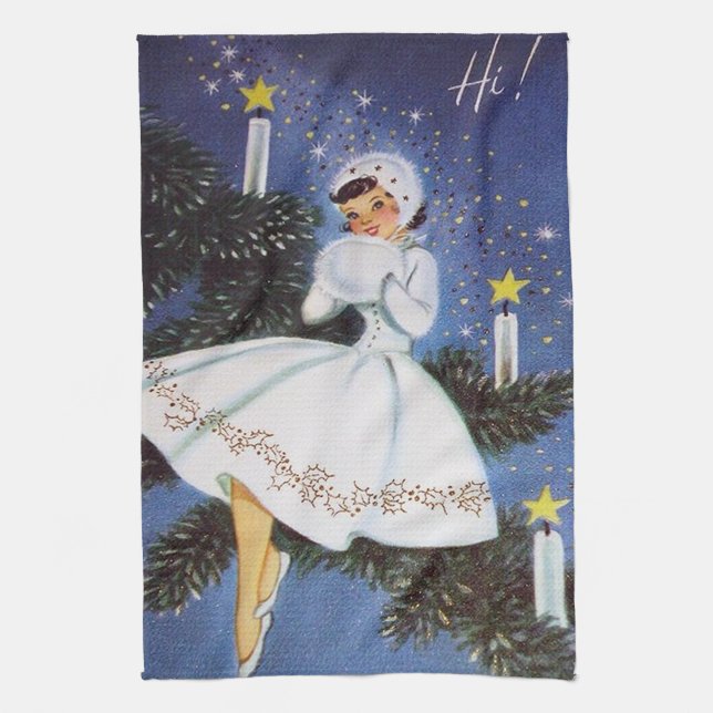 retro vintage Christmas lady Holiday Tea Towel (Vertical)