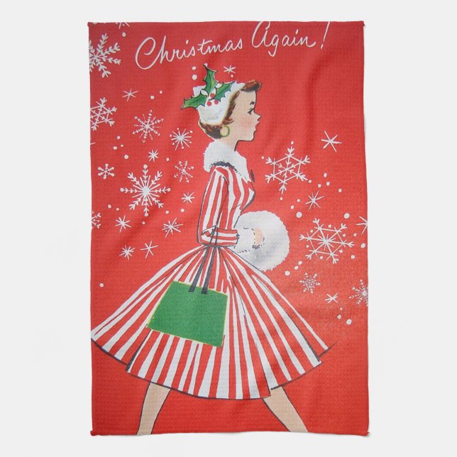 Retro Vintage Christmas Lady kitchen towel (Vertical)