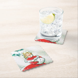 Retro Vintage Christmas lady party coaster