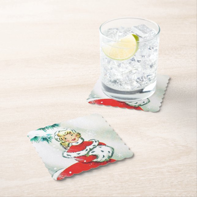 Retro Vintage Christmas lady party coaster (Insitu)
