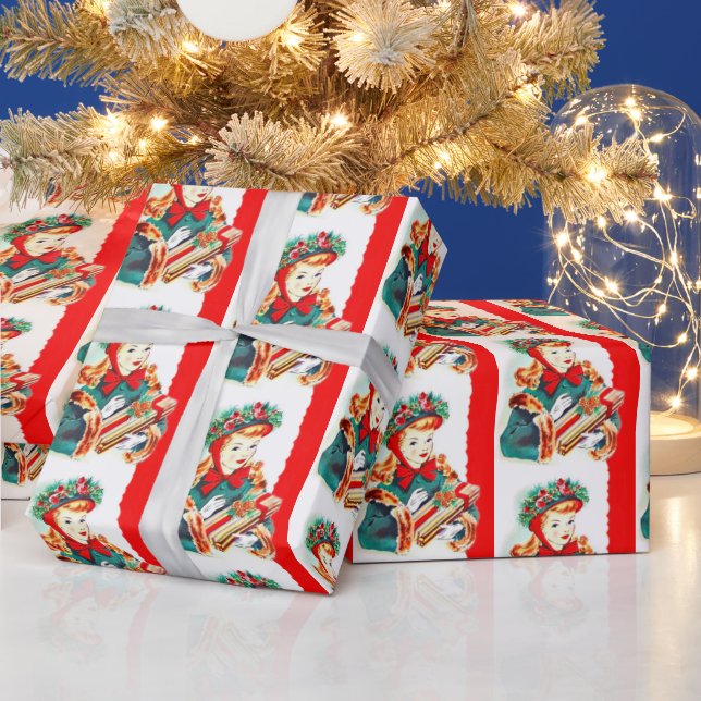 Retro vintage Christmas lady party wrap Wrapping Paper (Holidays)