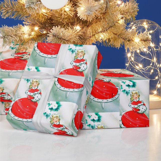 Retro Vintage Christmas lady party wrap Wrapping Paper (Holidays)