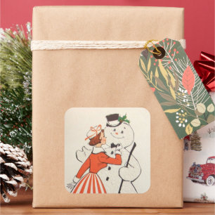 retro vintage Christmas lady snowman Holiday Square Sticker