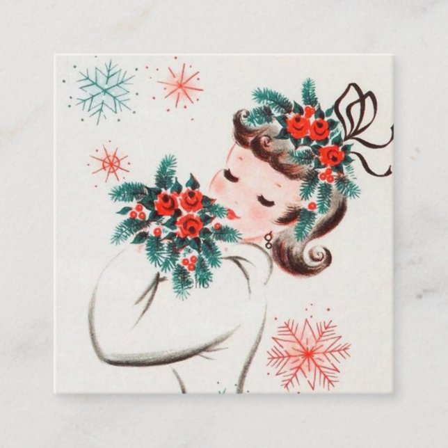retro vintage Christmas lady Square Business Card (Front)