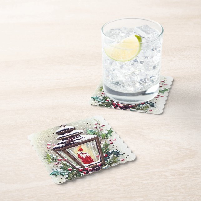 Retro vintage Christmas lamp paper coaster (Insitu)