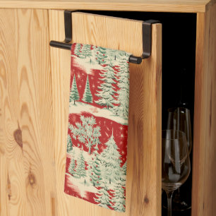 Retro Vintage Christmas Landscape Tea Towel