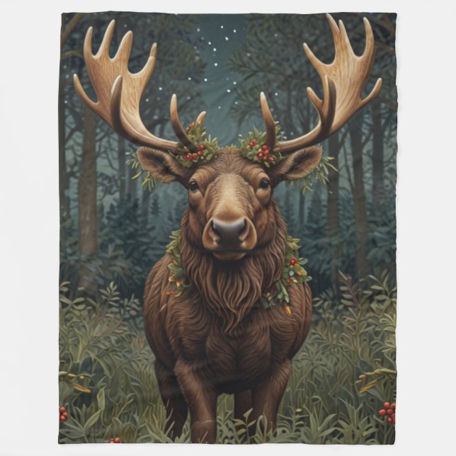 Retro vintage Christmas Moose Fleece Blanket (Front)