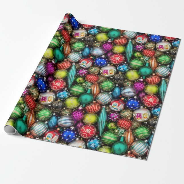 Retro Vintage Christmas Ornament Jumble Wrapping Paper (Unrolled)