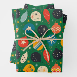 Retro Vintage Christmas Ornaments Green  Wrapping Paper Sheet