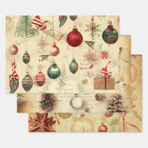 Retro Vintage Christmas Ornaments Pine Cones Wrapping Paper Sheet