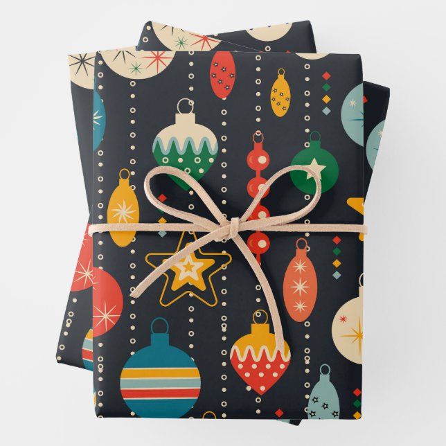 Retro Vintage Christmas Ornaments  Wrapping Paper Sheet (In situ)