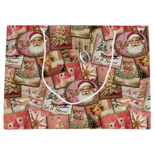 Retro Vintage Christmas: Pink Collage Large Gift Bag