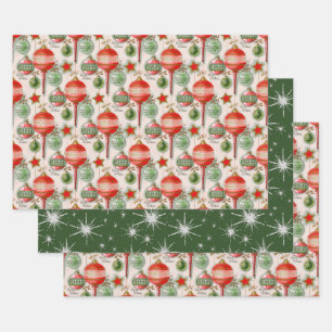 Retro Vintage Christmas Red And Green Ornaments Wrapping Paper Sheet
