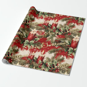 Retro Vintage Christmas: Red Candles & Holly Wrapping Paper