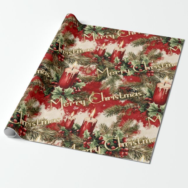 Retro Vintage Christmas: Red Candles & Holly  Wrapping Paper (Unrolled)