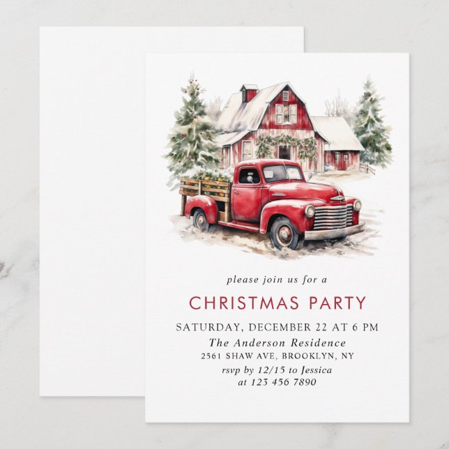Retro Vintage Christmas Red Truck Holiday Party Invitation (Front/Back)
