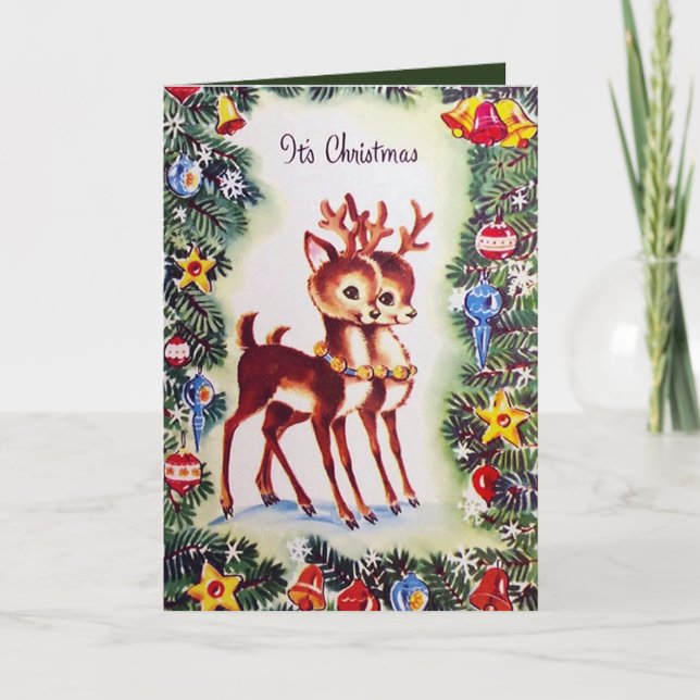 Retro vintage Christmas reindeer add message card (Front)