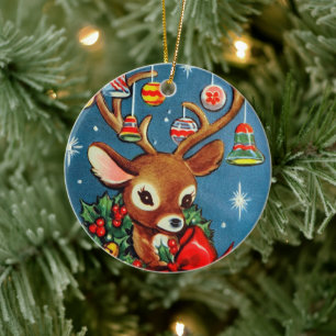 retro vintage Christmas reindeer add sentiment Ceramic Tree Decoration