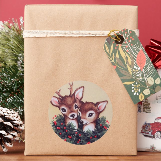 retro vintage Christmas reindeer Holiday Classic Round Sticker (Holiday)