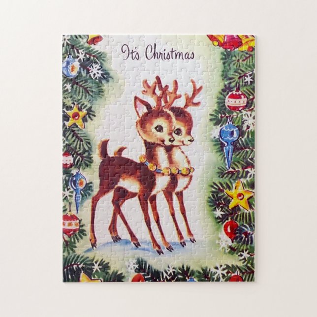 retro vintage Christmas reindeer Holiday Jigsaw Puzzle (Vertical)