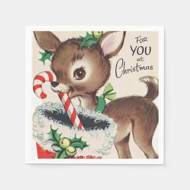 retro vintage Christmas reindeer Holiday party Napkin (Front)