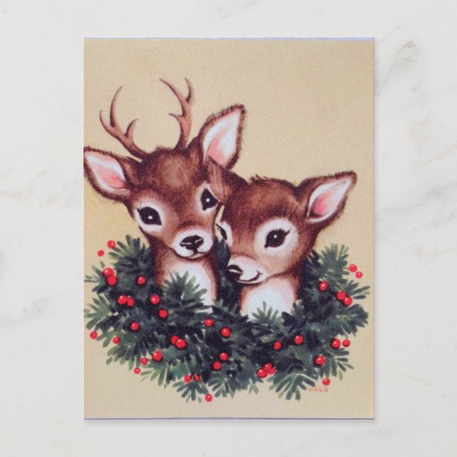 retro vintage Christmas reindeer  Holiday Postcard (Front)