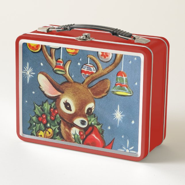 Retro Vintage Christmas reindeer lunch box (Front)