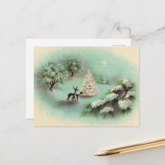retro vintage Christmas reindeer Postcard (Front/Back In Situ)