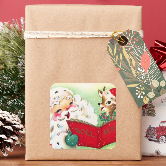 retro vintage Christmas reindeer Santa Square Sticker (Holiday)
