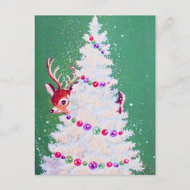 Retro vintage Christmas reindeer tree postcard (Front)