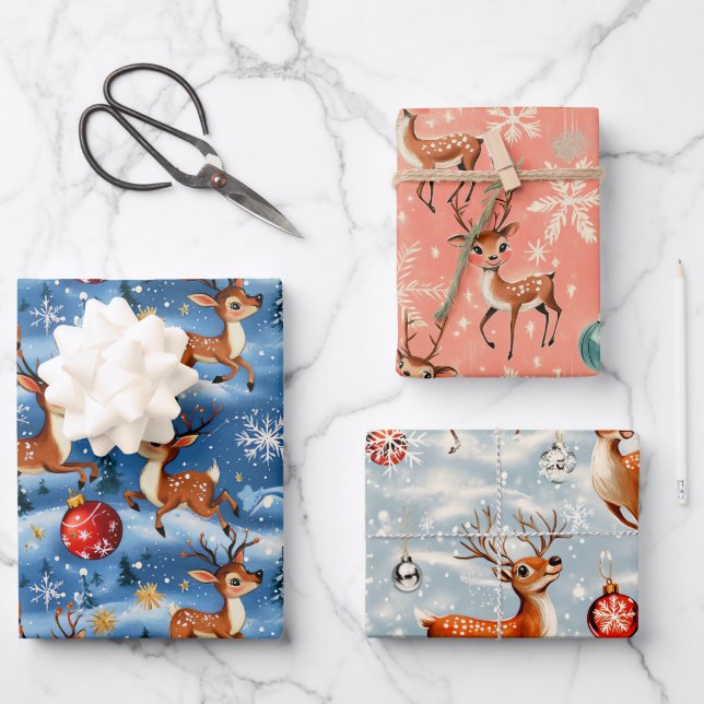 Retro Vintage Christmas Reindeer Wrapping Paper (Front)