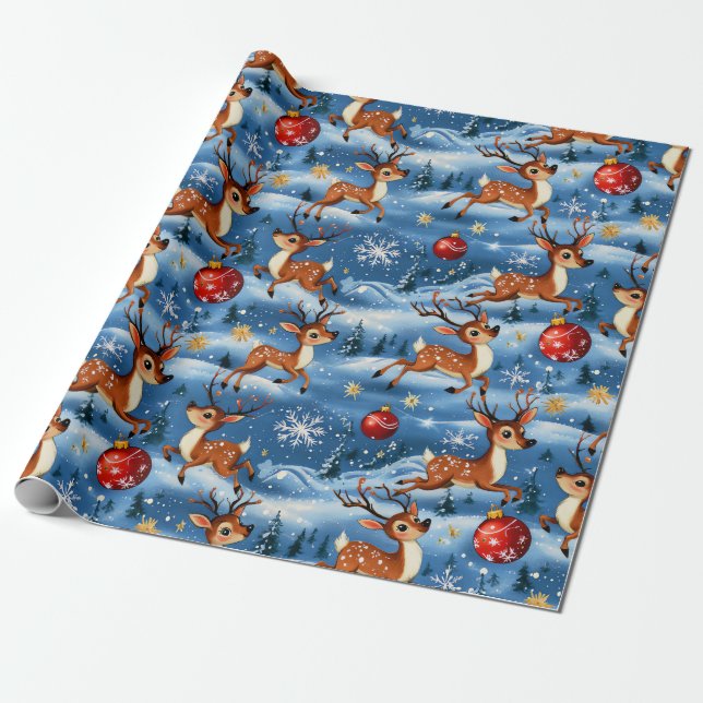 Retro Vintage Christmas Reindeer Wrapping Paper (Unrolled)