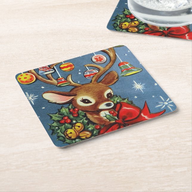 Retro Vintage Christmas reindeet party coaster (Angled)