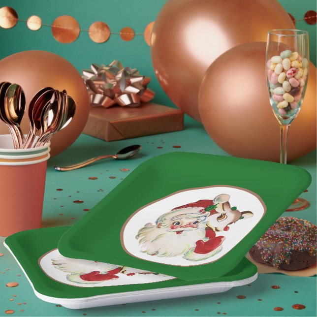 retro vintage Christmas Santa and deer  Paper Plate (Multi)