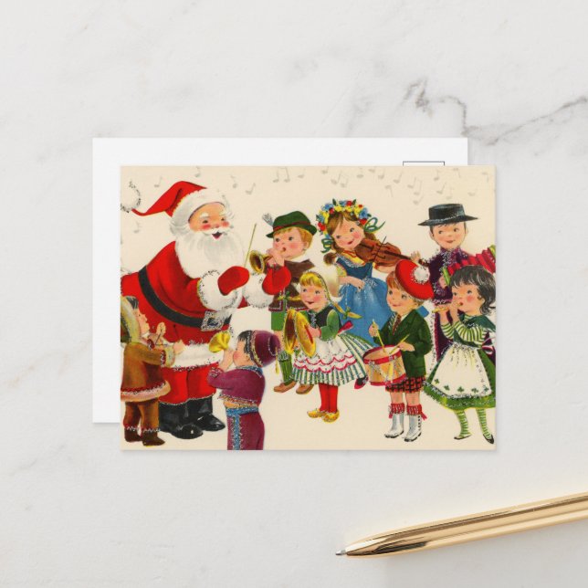 retro vintage Christmas Santa and kids Postcard (Front/Back In Situ)