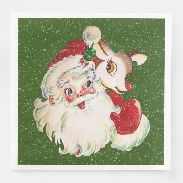 retro vintage Christmas Santa and reindeer party Napkin (Front)