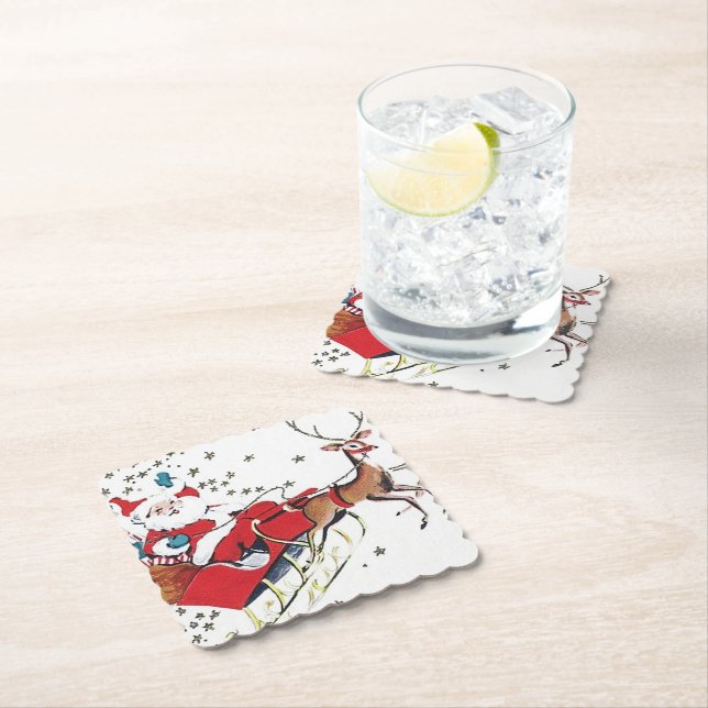 Retro vintage Christmas Santa and sleigh Paper Coaster (Insitu)