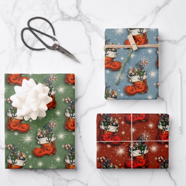 Retro Vintage Christmas Santa Boots Wrapping Paper Sheet (Front)