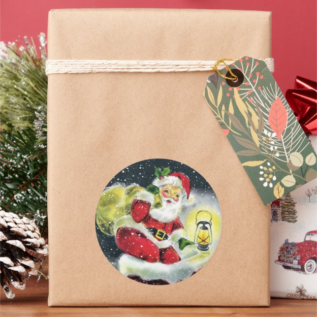 retro vintage Christmas Santa Holiday Classic Round Sticker (Holiday)