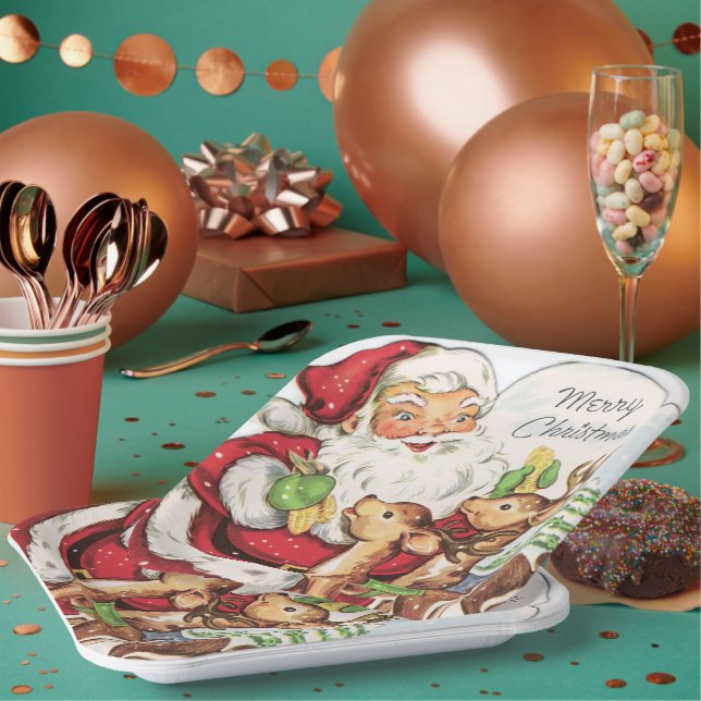 retro vintage Christmas Santa Holiday Paper Plate (Multi)