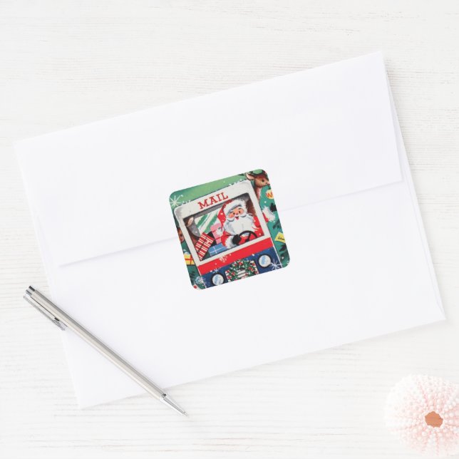 retro vintage Christmas Santa Holiday Square Sticker (Envelope)