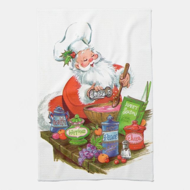 retro vintage Christmas Santa Holiday  Tea Towel (Vertical)