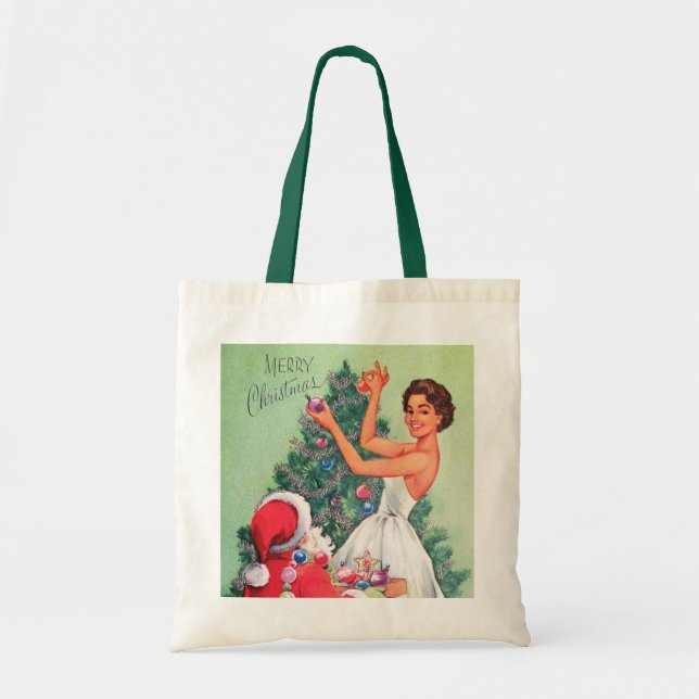 retro vintage Christmas Santa lady Holiday Tote Bag (Front)