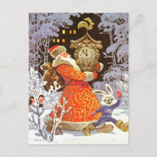 Retro Vintage Christmas, Santa on the clock Holiday Postcard