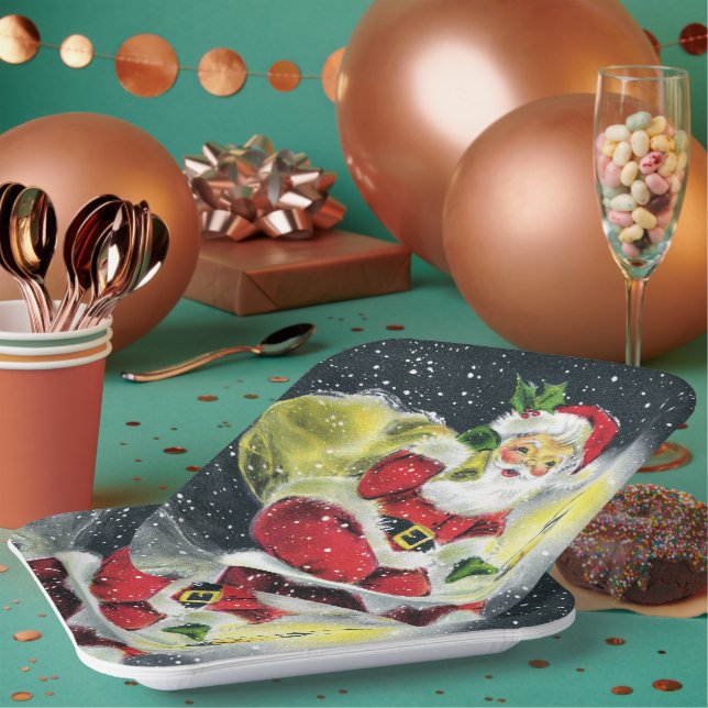 retro vintage Christmas Santa Paper Plate (Multi)