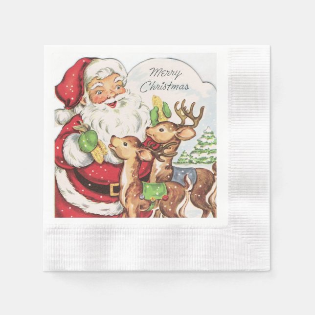 retro vintage Christmas Santa reindeer Holiday Napkin (Front)