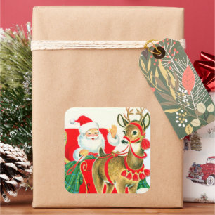 retro vintage Christmas Santa reindeer Holiday Square Sticker
